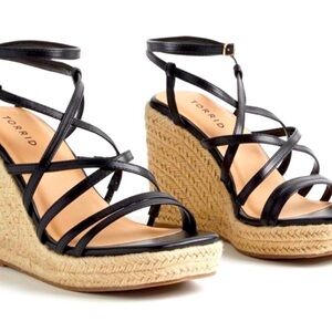 Torrid Black Strappy Wedges - Faux Leather. BNWT. Size 7.5
